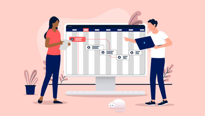 Project planning and roadmap - Two project managers working on assigning tasks and making plan and strategy for business progress. Flat design vector illustration