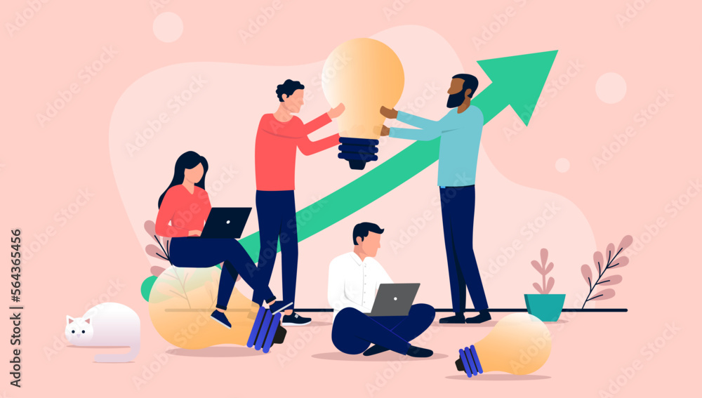 Poster People brainstorm - Team of businesspeople brainstorming and working together on coming up with ideas in office workplace with light bulbs. Flat design vector illustration