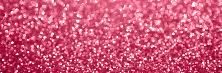 Viva magenta, pink sparkling glitter bokeh panoramic background banner, abstract defocused texture header. Holiday romantic lights
