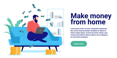 Fototapeta na wymiar Make money from home - Person sitting in sofa with laptop cross legged earning money from online work. Flat design vector illustration with white background and copy space for text
