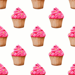 Seamless pattern with cupcakes on a white background. Watercolor design for Valentine's Day, Birthday, Wedding, Anniversary. Ideal for printing on packaging, wrapping, stationery, fabrics, textiles..