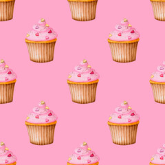 Seamless patern with cupcakes on a pink background. Watercolor design for Valentine's Day, Birthday, Wedding, Anniversary. Ideal for printing on packaging, wrapping, stationery, fabrics, textiles.
