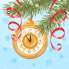 Winter banner. Christmas tree branches with a Christmas tree toy in the form of a clock. New Year. Template for the design. Vector illustration