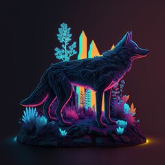 Obraz premium stylized wolf illustration. Diorama. Futuristic neon color Generative ai.