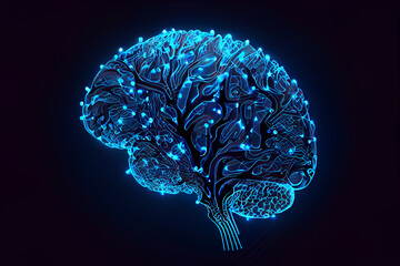 Neon Blue Digital Brain Made. Illustration Generative AI