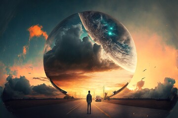 Post-apocalypse war concept Portal in sky illustration generative ai