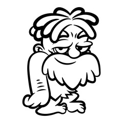 Cartoon illustration of Cavemen with dreadlocks and beard, wearing animal leather outfit and standing. Best for outline, logo, and coloring book with primitive life themes