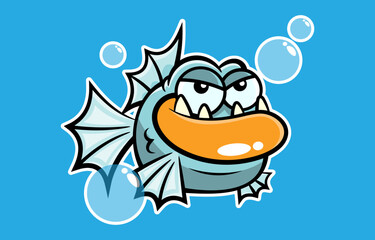 Cartoon illustration of cute piranha fish swimming at amazon river. Best for sticker, logo, and mascot with underwater life for kids