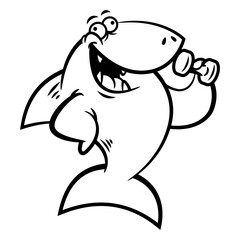 Cartoon illustration of Funny Shark lifting a barbell and show its muscle. Best for outline, logo, and coloring book with fitness themes