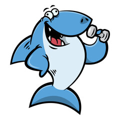 Cartoon illustration of Funny Shark lifting a barbell and show its muscle. Best for sticker, logo, and mascot with fitness themes