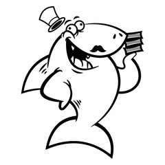 Cartoon illustration of Funny Shark with mustache wearing hat and showing its money. Best for outline, logo, and coloring book with financial themes