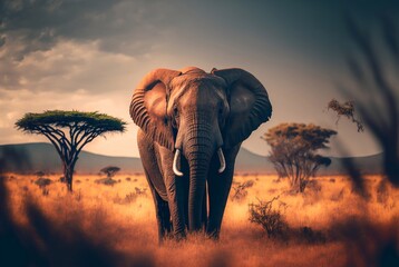 Majestic elephant in African savanna landscape