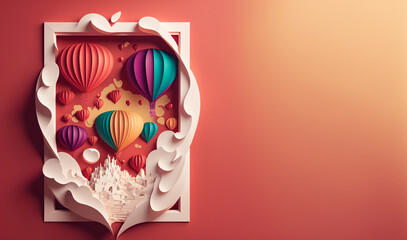 Concept banner travel Cappadocia Turkey, style illustration layered paper. Amazing colorful hot air balloon. Generation AI
