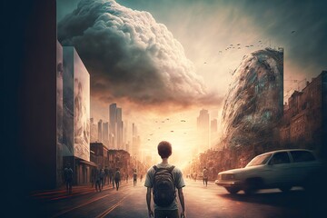 Yong boy standing looking towards post apocalypse city illustartion generative ai © Natalia