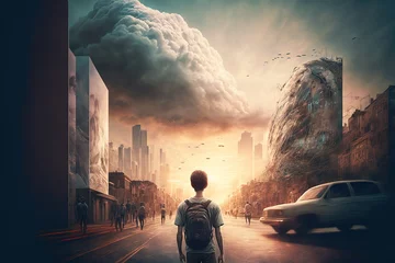 Yong boy standing looking towards post apocalypse city illustartion generative ai © Natalia