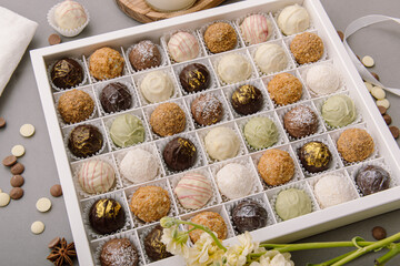 Set of healthy handmade chocolate candies in white box and flowers. Cheese truffles. Sweet gift for...