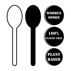Bamboo spoon icon. 'wooden spoon', '100% plastic free', and 'plant based' stikers. spoon icon on a white background