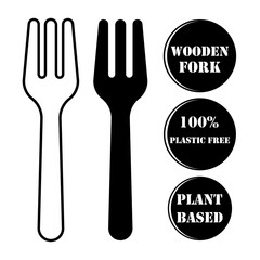 Bamboo fork icon. 'wooden fork', '100% plastic free', and 'plant based' stikers. fork icon on a white background