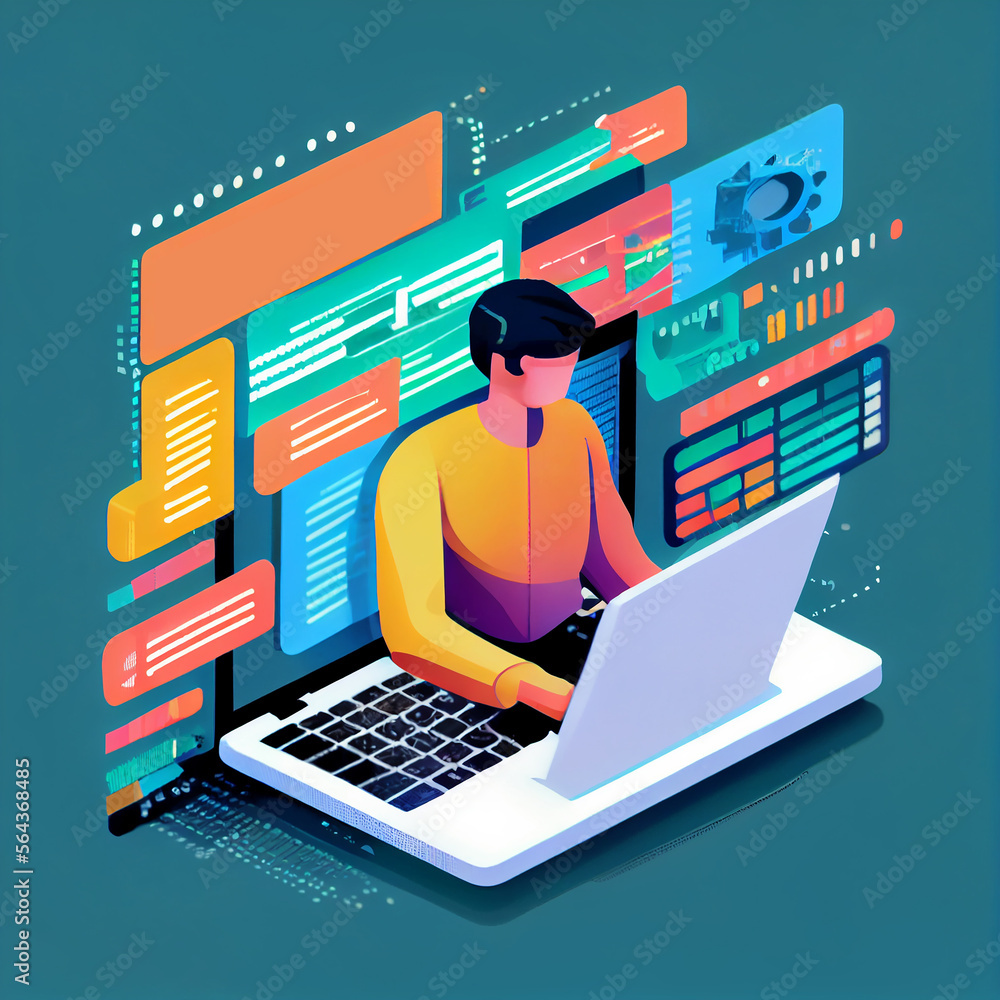 Aufkleber data management digital technology software development. illustration generative ai