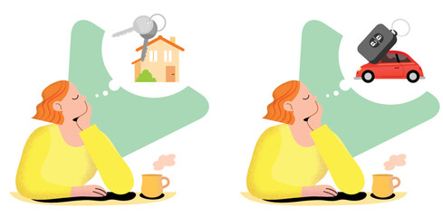 Woman with thought bubble-concept of dreaming to buy a house or a car. Life planning.