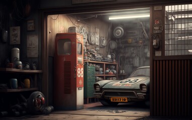 Garage interior. Retro sport car. indoor house garage storage filled with personal stuff. Generative ai.