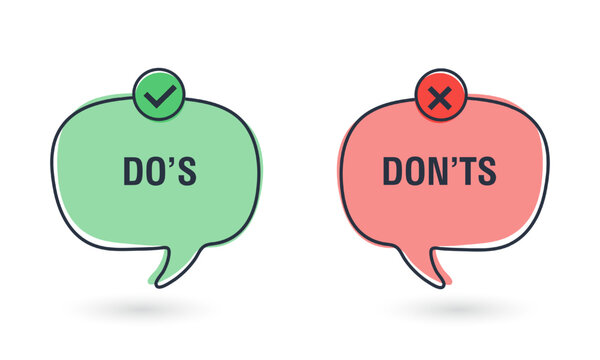 Do and Don't simple icons, vector elements. Check mark and cross in speech bubbles, used to indicate rules of conduct or response versions. Vector illustration