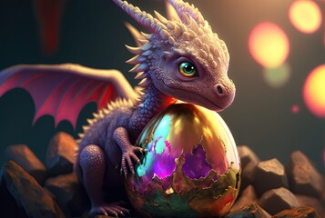 Colorful dragon holding an egg, generated by ai