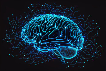 Neon Blue Digital Brain Made. Illustration Generative AI