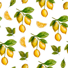 pattern with oranges. Watercolor pattern with lemons. Watercolor lemons. Seamless lemon pattern on a white background.
