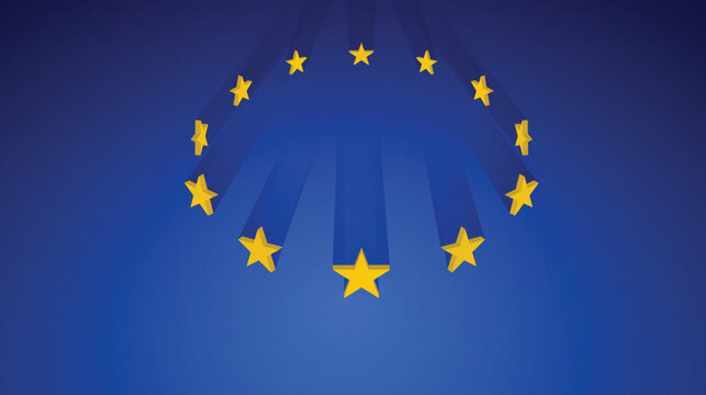 European Union flag with 3D stars standing. Europe facing crisis united concept. Nations of Europe unite.