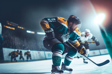 Plakat Athlete in action. Professional hockey player in the helmet and gloves on ice. Ice hockey rink arena. Sports emotions. Dramatic wide shot, cinematic lighting. Generative AI