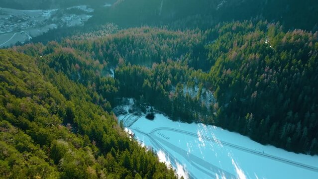 Aerial view of Lake Piburg in winter. Oetztal, Austria.