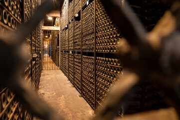 Old bottles of red rioja wine in cellars, wine making in La Rioja region, Spain
