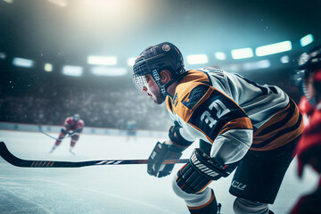 Athlete in action. Professional hockey player in the helmet and gloves on ice. Ice hockey rink arena. Sports emotions. Dramatic wide shot, cinematic lighting. Generative AI