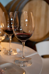 Tasting of rioja wines, visit of winery cellars with french or american oak barrels with agening red wine, Rioja wine making region, Spain