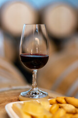 Tasting of rioja wines, visit of winery cellars with french or american oak barrels with agening red wine, Rioja wine making region, Spain
