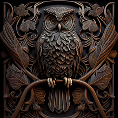 Intricate details engraving on the metal plate if the owl on a branch. Generative Ai - 564371449