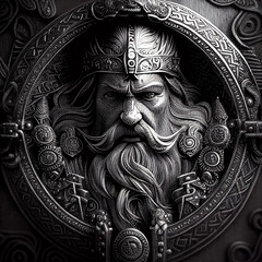 Abstract engraving on metal plate of Viking portrait, decorative intricate details. Generative Ai - 564371473