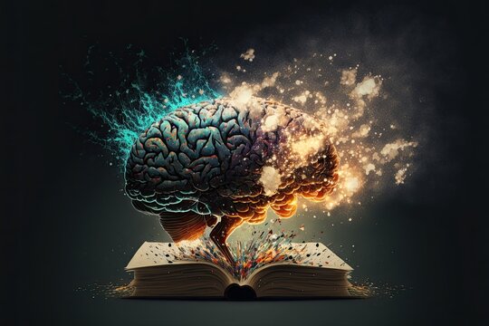 Human brain exploding by book. Generative Ai.
