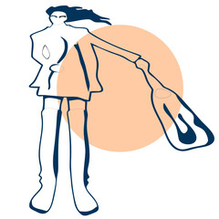 
A girl with a big bag, in a coat and boots. Graphics. Illustration on the theme of fashion, active lifestyle, work, business.