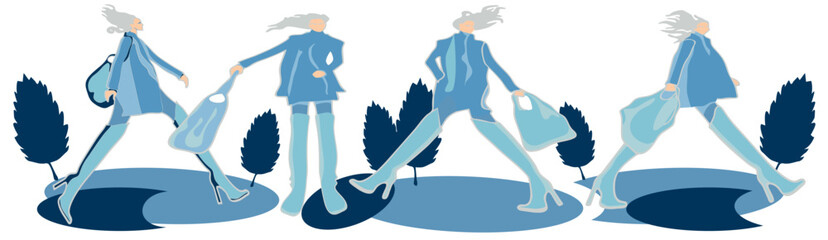 Girls with long hair in coats and boots. Graphics. Illustration on the theme of fashion, active lifestyle, work, business.