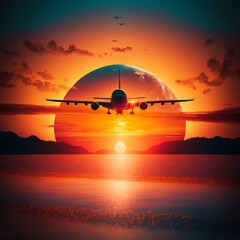 Jet liner plane flying at sunset. Generative AI.