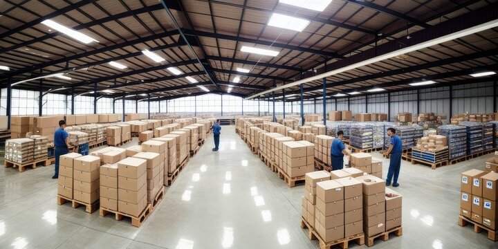 Warehouse with endless pallets of boxes and storage, robots and people working, massive factory facility, ai generated.