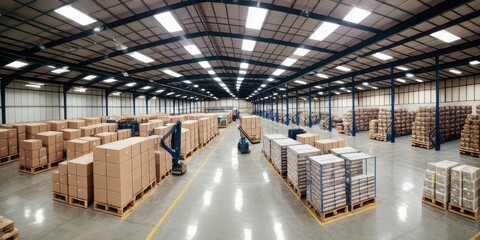 Warehouse with endless pallets of boxes and storage, robots and people working, massive factory facility, ai generated.
