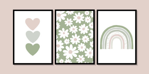 Baby Room Heart and Rainbow. Baby room wall art. Pink and green triple wall set. Kids room print illustration.