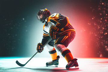 Athlete in action. Professional hockey player in the helmet and gloves on ice. Ice hockey rink arena. Sports emotions. Dramatic wide shot, cinematic lighting. Generative AI