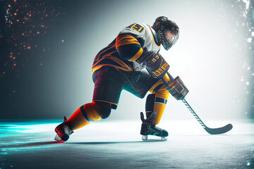 Athlete in action. Professional hockey player in the helmet and gloves on ice. Ice hockey rink arena. Sports emotions. Dramatic wide shot, cinematic lighting. Generative AI