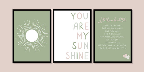 Baby room you are my sun shine. Baby room wall art. Pink and green triple wall set. Kids room print illustration.