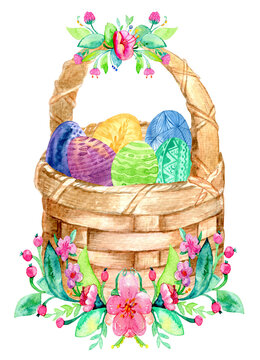 Easter basket with eggs and flowers watercolor illustration 600 dpi PNG, Easter clip art, clip art, painted eggs, egg hunt, spring colorful illustration, isolated image   