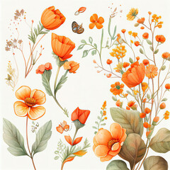 spring orange flowers clipart, vintage watercolor . Ai Generative